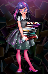 Size: 1024x1583 | Tagged: safe, artist:asher-bee, twilight sparkle, human, g4, book, clothes, female, glasses, humanized, looking at you, nail polish, skirt, solo