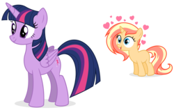 Size: 1014x641 | Tagged: safe, artist:shizow, twilight sparkle, oc, oc only, oc:sunglow, alicorn, pony, g4, crush, female, filly, heart, love, magical lesbian spawn, mare, offspring, parent:fluttershy, parent:sunset shimmer, parents:sunshyne, ponytail, shipping, simple background, transparent background, twilight sparkle (alicorn), younger