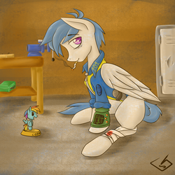 Size: 1900x1900 | Tagged: safe, artist:billysan727, rainbow dash, oc, pegasus, pony, fallout equestria, g4, bandage, cigarette, clothes, fallout, fallout 3, fanfic, fanfic art, female, hooves, jumpsuit, male, mare, ministry mares, ministry mares statuette, ministry of awesome, open mouth, pipbuck, smoke, smoking, solo, stallion, the lone wanderer, vault 101, vault suit, wings