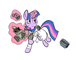Size: 660x522 | Tagged: safe, artist:metal-kitty, twilight sparkle, g4, bottlecap mine, clothes, crossover, fallout, fallout 3, jumpsuit, lab coat, magic, nuka-grenade, pipboy, pipbuck, rock-it launcher, telekinesis, vault suit