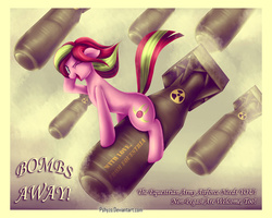 Size: 1024x819 | Tagged: safe, artist:pshyzomancer, oc, oc only, oc:grace falls, earth pony, pony, atomic bomb, crossover, fallout, nuclear weapon, one eye closed, pinup, propaganda, riding a bomb, solo, weapon, wink