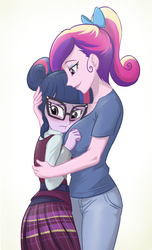 Size: 840x1380 | Tagged: safe, artist:ta-na, dean cadance, princess cadance, sci-twi, twilight sparkle, equestria girls, friendship games, :t, blushing, boob smothering, breast pillow, breasts, busty princess cadance, clothes, comforting, crystal prep academy uniform, cute, duo, duo female, female, frown, glasses, hair bun, hug, looking away, ponytail, school uniform, sisters-in-law, skirt, smiling, twiabetes