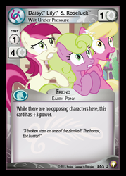 Size: 358x500 | Tagged: safe, daisy, flower wishes, lily, lily valley, roseluck, earth pony, pony, g4, the cutie pox, card, ccg, enterplay, equestrian odysseys, flower trio, gritted teeth, the horror, trading card