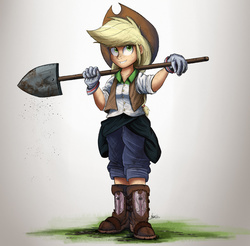 Size: 2000x1971 | Tagged: safe, artist:ncmares, applejack, equestria girls, g4, boots, female, shovel, simple background, smiling, solo