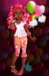 Size: 1970x3045 | Tagged: safe, artist:asher-bee, pinkie pie, human, g4, balloon, dark skin, female, humanized, solo