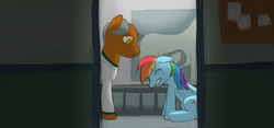 Size: 1638x768 | Tagged: safe, artist:tggeko, rainbow dash, earth pony, pony, g4, crying, doctor, eyes closed, feels, floppy ears, frown, gritted teeth, hospital, infertility, lidded eyes, miscarriage, movie reference, open mouth, sad, scene interpretation, sitting, tearjerker, up, uterus