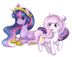 Size: 3000x2392 | Tagged: safe, artist:askbubblelee, princess celestia, twilight sparkle, alicorn, pony, unicorn, g4, alternate universe, bedroom eyes, big crown thingy, cute, cutelestia, element of magic, female, high res, looking back, lying down, mare, open mouth, prone, race swap, raised hoof, role reversal, simple background, smiling, spread wings, transparent background, twiabetes, twilight sparkle (alicorn), unicorn celestia