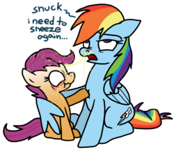 Size: 1024x899 | Tagged: safe, artist:anyponedrawn, rainbow dash, scootaloo, pegasus, pony, g4, abuse, disgusting, drenched, duo, duo female, fail, female, filly, gross, group, hug denied, humor, mare, mucus, nostrils, pre sneeze, scootabuse, scootalove denied, simple background, sneezing, snot, snot string, transparent background