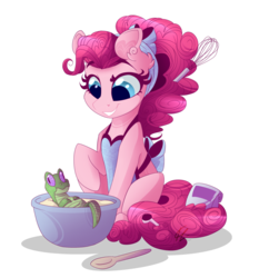 Size: 1024x1099 | Tagged: dead source, safe, artist:lolepopenon, gummy, pinkie pie, alternate hairstyle, apron, bow, bowl, clothes, cooking, female, hair bow, simple background, solo, spoon, transparent background, whisk