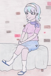 Size: 1506x2258 | Tagged: safe, artist:ponysubmarine, starlight glimmer, human, g4, the cutie map, bed, bedroom, clothes, cross legged, female, humanized, scarf, sitting, skirt, solo, traditional art