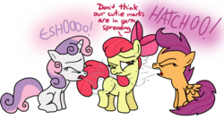 Size: 1024x548 | Tagged: safe, artist:anyponedrawn, apple bloom, scootaloo, sweetie belle, g4, cutie mark, cutie mark crusaders, filly, group, sneeze cloud, sneezing, spray