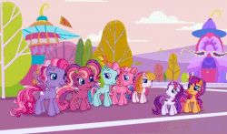 Size: 740x435 | Tagged: safe, screencap, cheerilee (g3), pinkie pie (g3), rainbow dash (g3), scootaloo (g3), starsong, sweetie belle (g3), toola-roola, g3, g3.5, twinkle wish adventure, animated, core seven, female, giggling