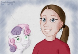 Size: 1073x744 | Tagged: safe, artist:scobionicle99, sweetie belle, human, pony, unicorn, g4, claire corlett, clothes, female, filly, foal, voice actor