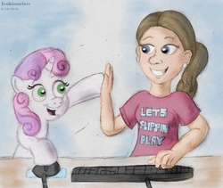 Size: 1892x1600 | Tagged: safe, artist:scobionicle99, sweetie belle, pony, unicorn, g4, claire corlett, keyboard, minecraft, voice actor