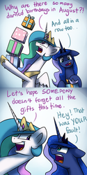 Size: 1200x2400 | Tagged: safe, artist:anticular, princess celestia, princess luna, alicorn, pony, ask sunshine and moonbeams, g4, slice of life (episode), birthday, dialogue, duo, duo female, female, mare, open mouth, present