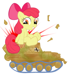 Size: 2400x2600 | Tagged: dead source, source needed, useless source url, safe, artist:waffengrunt, apple bloom, earth pony, pony, g4, apple bloom's bow, bow, destroyed, destruction, fart, female, giant pony, hair bow, high res, hip drop, iron plot, macro, solo, tank (vehicle), tank fetish