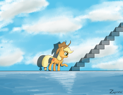 Size: 1540x1190 | Tagged: safe, artist:zaponator, applejack, earth pony, pony, g4, confused, female, frown, raised hoof, solo, stairs, the truman show