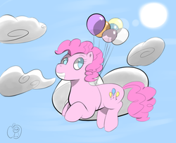 Size: 840x680 | Tagged: safe, artist:an-honest-appul, edit, pinkie pie, g4, balloon, female, floating, solo, then watch her balloons lift her up to the sky