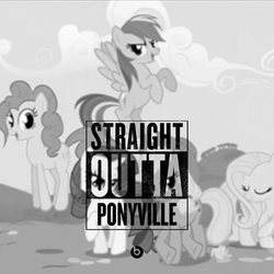 Size: 1692x1692 | Tagged: safe, edit, edited screencap, screencap, applejack, fluttershy, pinkie pie, rainbow dash, rarity, earth pony, pegasus, pony, g4, applejack's hat, cloud, cowboy hat, crossed hooves, eyes closed, female, grayscale, group, hat, looking at you, mare, meme, monochrome, needs more jpeg, open mouth, open smile, ponyville, raised hoof, remane five, smiling, spread wings, straight outta compton, tail, wings