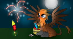 Size: 2000x1077 | Tagged: safe, artist:askshootingstar1234, oc, oc only, oc:draco darkwing, griffon, cute, fireworks, happy, male, moon, night, open mouth, sitting, smiling, solo, spread wings, stars, watching