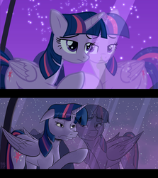 Size: 1920x2157 | Tagged: safe, artist:thethunderpony, screencap, twilight sparkle, alicorn, pony, g4, comparison, female, floppy ears, frown, mare, night, redraw, reflection, sad, scene interpretation, stars, twilight sparkle (alicorn), window