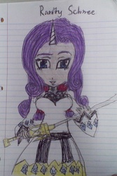 Size: 1283x1920 | Tagged: safe, artist:rwbyrebirthfantasy, rarity, hybrid, equestria girls, g4, breasts, busty rarity, crossover, female, fusion, horn, horned humanization, humanized, lined paper, rapier, rooster teeth, rwby, solo, traditional art, weapon, weiss schnee