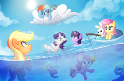 Size: 3784x2468 | Tagged: safe, artist:drawntildawn, angel bunny, applejack, derpy hooves, fluttershy, pinkie pie, rainbow dash, rarity, spike, twilight sparkle, fish, pegasus, pony, g4, beach, cloud, cloudy, cute, female, fishing, high res, inner tube, looking up, mane seven, mane six, mare, muffin, on back, open mouth, prone, rain, raincloud, smiling, smirk, summer, sun, swimming, underwater, water, watermark