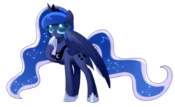 Size: 900x550 | Tagged: safe, artist:haydee, princess luna, g4, female, raised hoof, simple background, solo, spread wings, transparent background, wide eyes