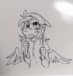Size: 1223x1280 | Tagged: safe, artist:glacierclear, derpy hooves, human, anthro, g4, cute, female, hat, humanized, monochrome, sketch, solo, traditional art, wavy mouth