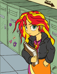 Size: 1024x1316 | Tagged: safe, artist:artponymdp, sunset shimmer, equestria girls, g4, book, female, lockers, solo