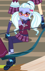 Size: 358x569 | Tagged: safe, edit, screencap, indigo zap, sour sweet, sugarcoat, equestria girls, g4, my little pony equestria girls: friendship games, adorable face, bow (weapon), clothes, cropped, cute, glasses, high heels, looking at you, pigtails, skirt, smiling, socks, stairs, sugarcute, when she smiles