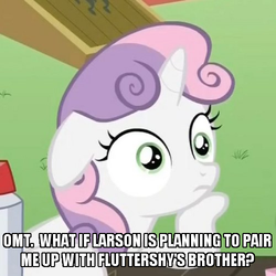 Size: 500x500 | Tagged: safe, screencap, fluttershy, sweetie belle, zephyr breeze, g4, my little pony: friendship is magic, season 6, brother, exploitable meme, female, hilarious in hindsight, image macro, implied zephyr breeze, m.a. larson, meme, solo, sudden clarity sweetie belle