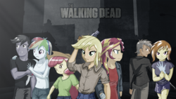 Size: 1280x720 | Tagged: safe, artist:ngrycritic, apple bloom, applejack, rainbow dash, sunset shimmer, equestria girls, g4, style emulation, the walking dead, uotapo-ish