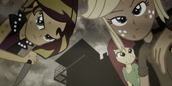 Size: 2300x1150 | Tagged: safe, artist:ngrycritic, apple bloom, applejack, sunset shimmer, equestria girls, g4, knife, the walking dead