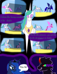 Size: 2189x2863 | Tagged: safe, artist:emeralddarkatnigh, king sombra, princess cadance, princess celestia, princess luna, twilight sparkle, alicorn, pony, g4, dark magic, female, flashback, high res, magic, mare, twilight sparkle (alicorn)