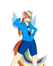 Size: 2472x3036 | Tagged: safe, artist:convoykaiser, rainbow dash, human, g4, clothes, eared humanization, female, high res, hoodie, humanized, looking at you, open mouth, simple background, smiling, solo, tailed humanization, white background, winged humanization
