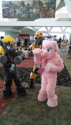 Size: 541x960 | Tagged: safe, derpy hooves, oc, oc:fluffle puff, human, bronycon, bronycon 2015, g4, bumblebee (transformers), cosplay, fursuit, hasbro, irl, irl human, photo, transformers