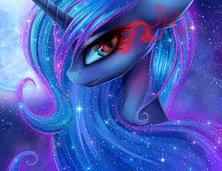Size: 3000x2300 | Tagged: safe, artist:magnaluna, princess luna, alicorn, bust, color porn, ethereal mane, female, frown, glowing eyes, mare, missing accessory, moon, night, portrait, sky, slit pupils, solo, starry mane, starry night