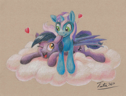 Size: 3024x2298 | Tagged: safe, artist:tsitra360, oc, oc only, oc:gyro tech, oc:inky, bat pony, pony, unicorn, cloud, colored pencil drawing, cute, ear bite, fangs, female, gynky, heart, high res, male, mare, nom, on top, open mouth, prone, shipping, smiling, stallion, straight, traditional art, wink