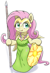 Size: 1839x2663 | Tagged: safe, artist:ryou14, fluttershy, semi-anthro, g4, athena, clothes, cute, eyelashes, female, helmet, mane, shield, simple background, solo, spear, tail, wings