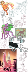 Size: 950x2400 | Tagged: safe, artist:zetapold, applejack, pinkie pie, princess cadance, rarity, spike, star swirl the bearded, twilight sparkle, zecora, oc, alicorn, classical unicorn, pony, zebra, g4, female, horn, leonine tail, mare, older, older spike, sketch dump, twilight sparkle (alicorn)