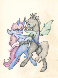 Size: 2445x3265 | Tagged: safe, artist:twisted-sketch, oc, oc only, oc:evening breeze, oc:gyro tech, changeling, pony, unicorn, bipedal, blushing, bryro, changeling oc, cute, dancing, flower, flower in mouth, gay, high res, male, mouth hold, rose, shipping