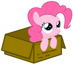 Size: 2388x2100 | Tagged: safe, artist:misterbrony, pinkie pie, earth pony, pony, g4, :3, box, cute, daaaaaaaaaaaw, delivery, diapinkes, female, filly, foal, high res, looking up, package, pony in a box, present, smiling, solo