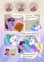 Size: 1500x2122 | Tagged: dead source, safe, artist:dsp2003, artist:mrs1989, princess celestia, spike, twilight sparkle, comic:spike the messenger, g4, :i, :t, annoyed, baby spike, blushing, book, colored, comic, cute, eye contact, eyes closed, filly, filly twilight sparkle, floppy ears, frown, glare, magic, open mouth, puffy cheeks, sigh, sitting, smiling, spike the messenger, telekinesis, thought bubble, yawn, younger