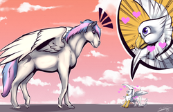 Size: 1024x663 | Tagged: safe, artist:blindcoyote, oc, oc only, oc:der, oc:starburn, griffon, pegasus, pony, :t, exclamation point, heart, looking up, micro, smiling, spread wings, wide eyes