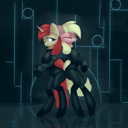 Size: 4000x4000 | Tagged: safe, artist:qweeli, oc, oc only, earth pony, pony, unicorn, bipedal, catsuit, clothes, female, science fiction