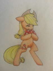 Size: 960x1280 | Tagged: safe, artist:breadcipher, applejack, earth pony, pony, g4, apple, bipedal, colored pencil drawing, eyes closed, female, food, happy, hoof hold, simple background, smiling, solo, traditional art