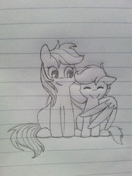 Size: 960x1280 | Tagged: dead source, safe, artist:breadcipher, rainbow dash, scootaloo, pegasus, pony, g4, eyes closed, female, filly, floppy ears, foal, grayscale, hug, lined paper, mare, monochrome, scootalove, sitting, smiling, spread wings, traditional art, winghug, wings