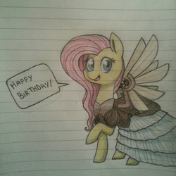 Size: 1280x1280 | Tagged: safe, artist:breadcipher, fluttershy, g4, artificial wings, augmented, clothes, dress, female, happy birthday, lined paper, mechanical wing, solo, steampunk, traditional art, wings