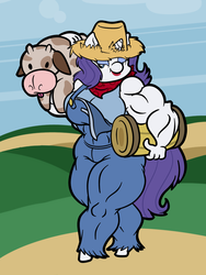 Size: 750x1000 | Tagged: safe, artist:glux2, rarity, cow, anthro, g4, simple ways, barrel, breasts, busty rarity, female, fetish, muscle fetish, muscles, overalls, rarihick, ripped rarity, solo